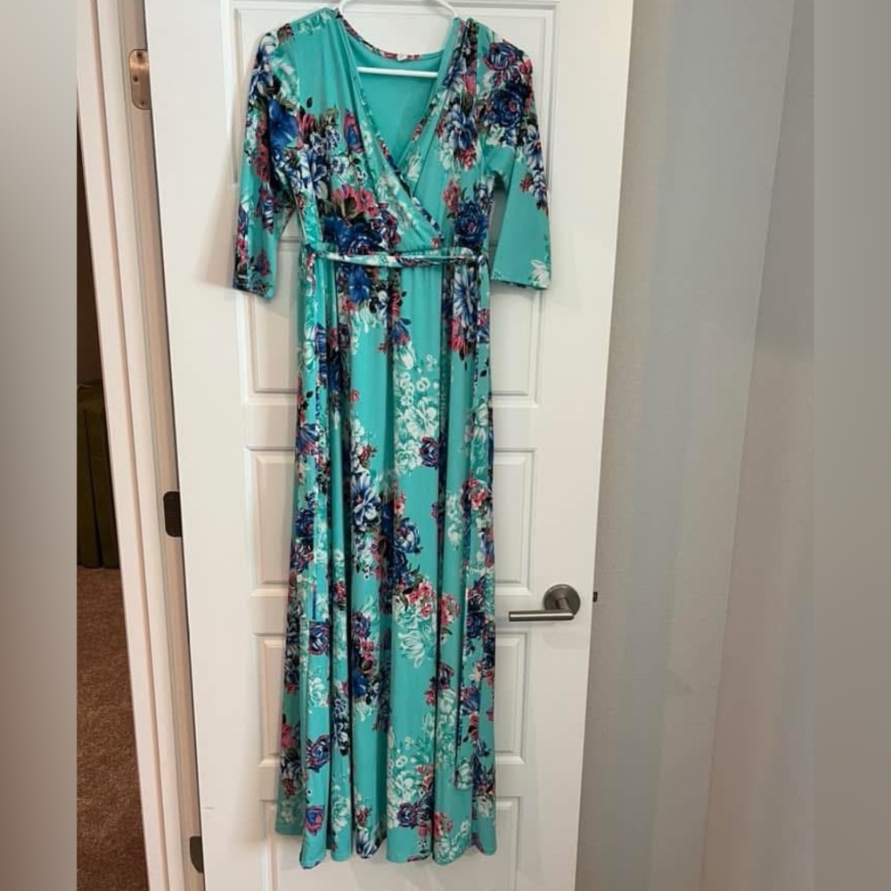 Floral Teal Maxi Dress Maternity Size L Pink Blush